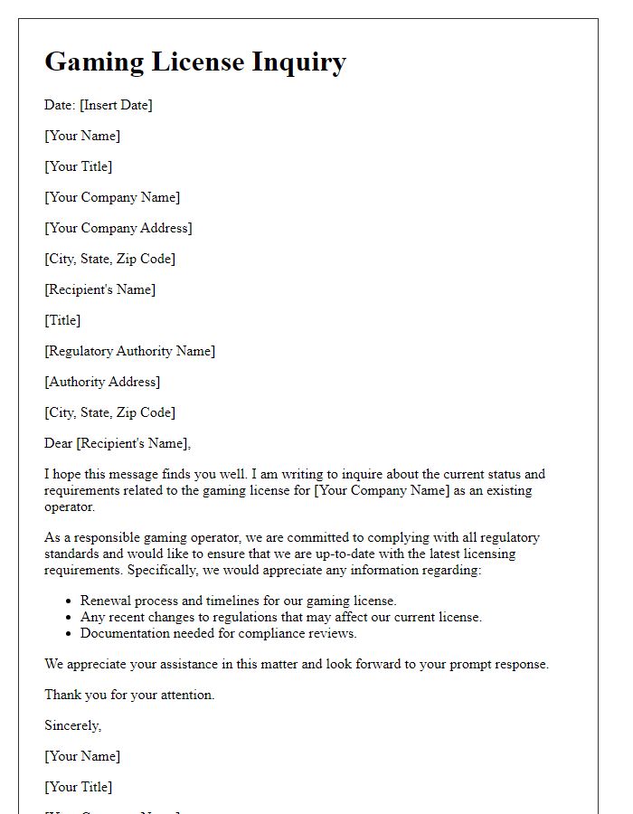 Letter template of gaming license inquiry for existing operators.