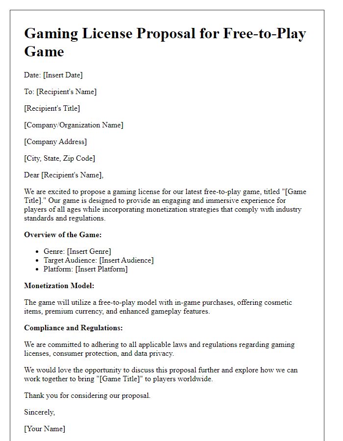 Letter template of gaming license proposal for free-to-play games.