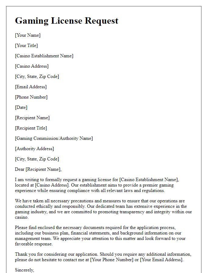 Letter template of gaming license request for a casino establishment.