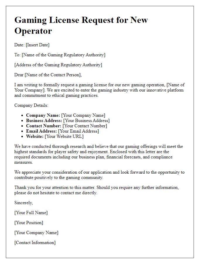 Letter template of gaming license request for a new operator.