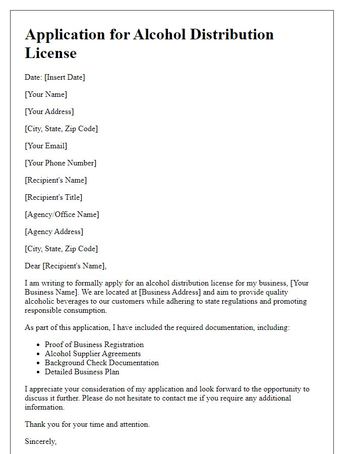 Letter template of application for alcohol distribution license