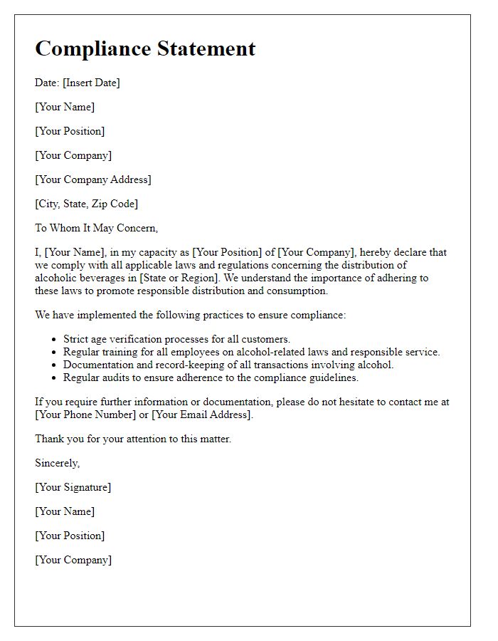 Letter template of compliance statement for alcohol distribution license