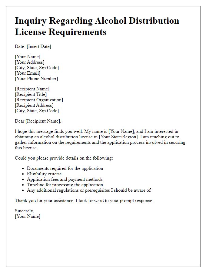 Letter template of inquiry regarding alcohol distribution license requirements