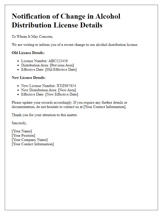 Letter template of notification for change in alcohol distribution license details