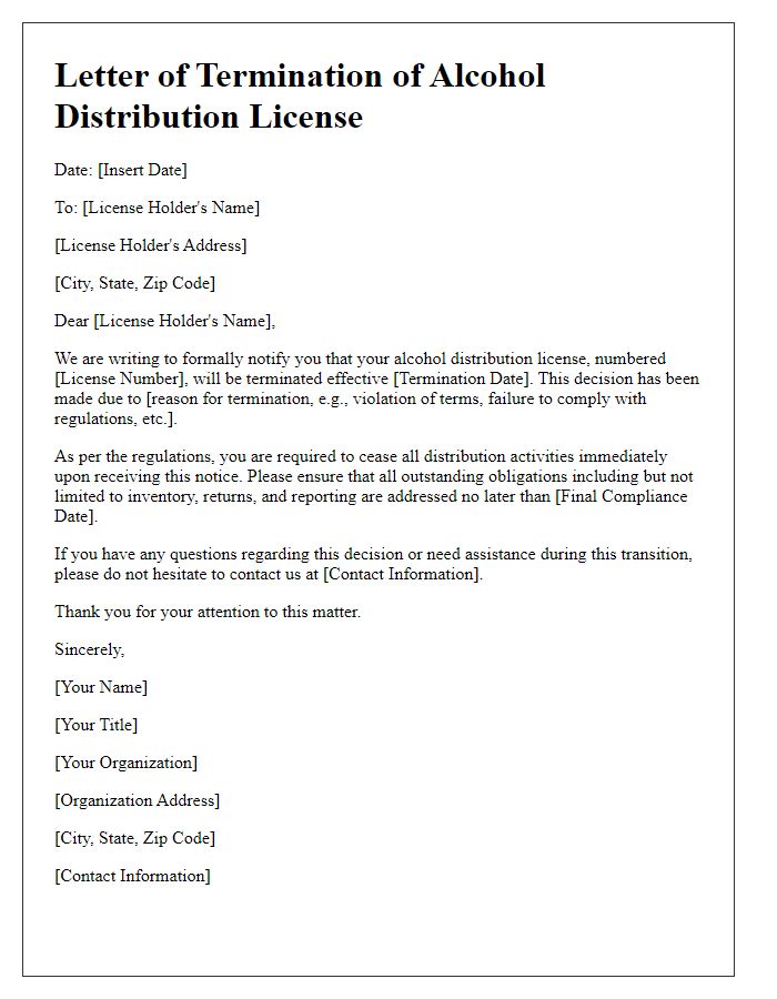 Letter template of termination of alcohol distribution license