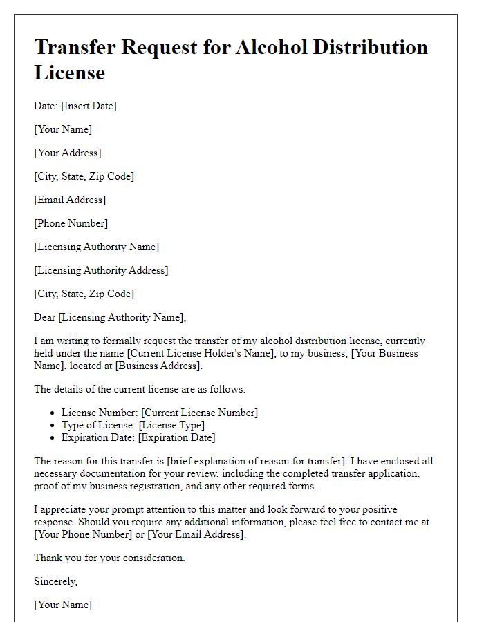 Letter template of transfer request for alcohol distribution license