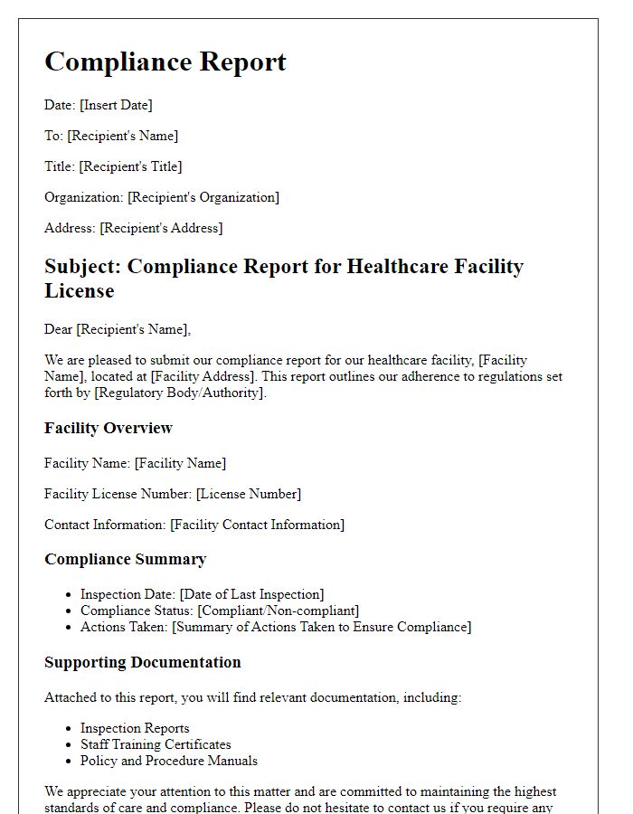 Letter template of compliance report for healthcare facility license