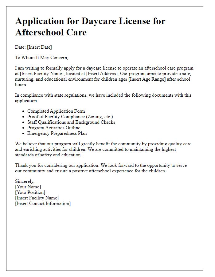 Letter template of daycare license application for afterschool care