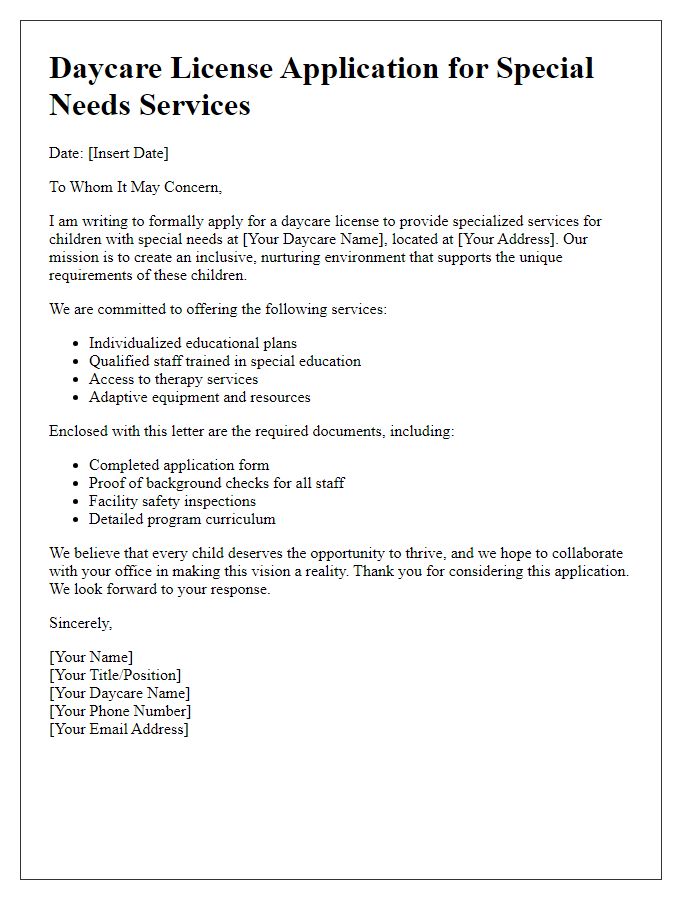 Letter template of daycare license application for special needs services