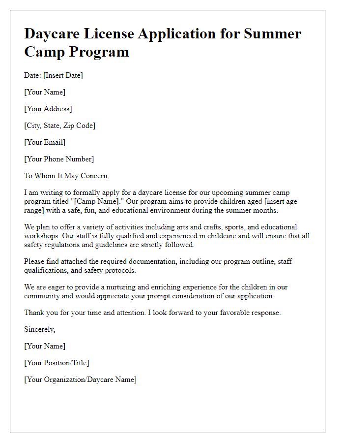 Letter template of daycare license application for summer camp program