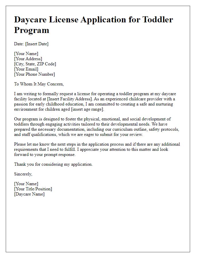 Letter template of daycare license application for toddler program