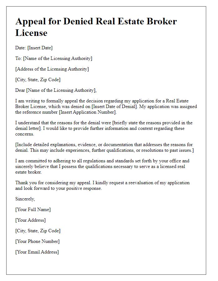 Letter template of appeal for denied real estate broker license.