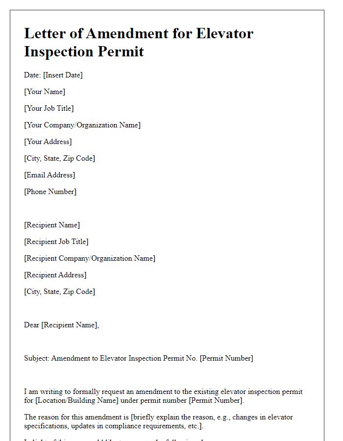 Letter template of amendment for existing elevator inspection permit