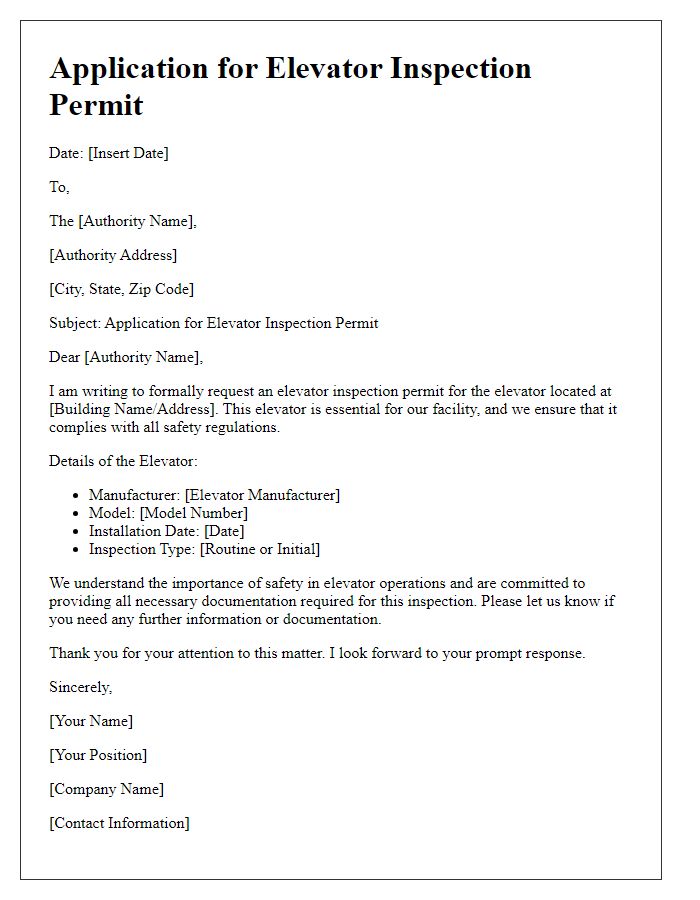 Letter template of application for elevator inspection permit