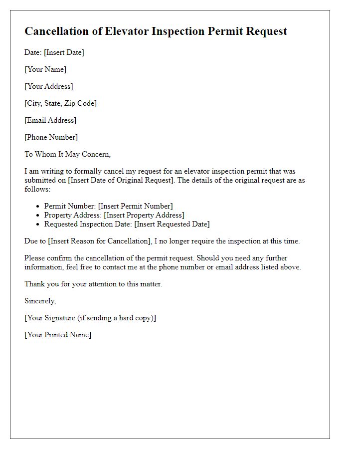 Letter template of cancellation for elevator inspection permit request