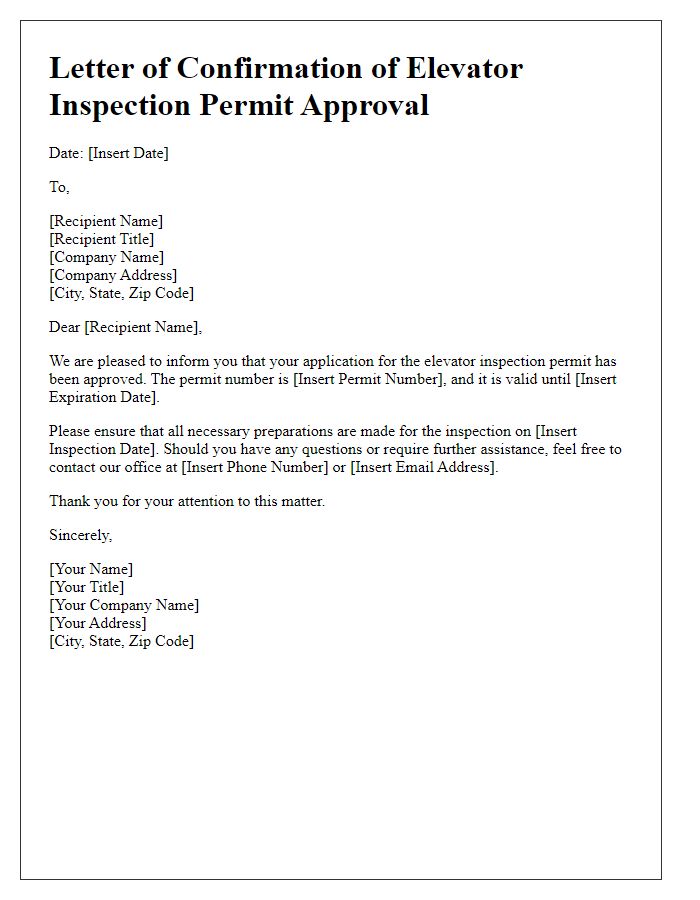 Letter template of confirmation of elevator inspection permit approval