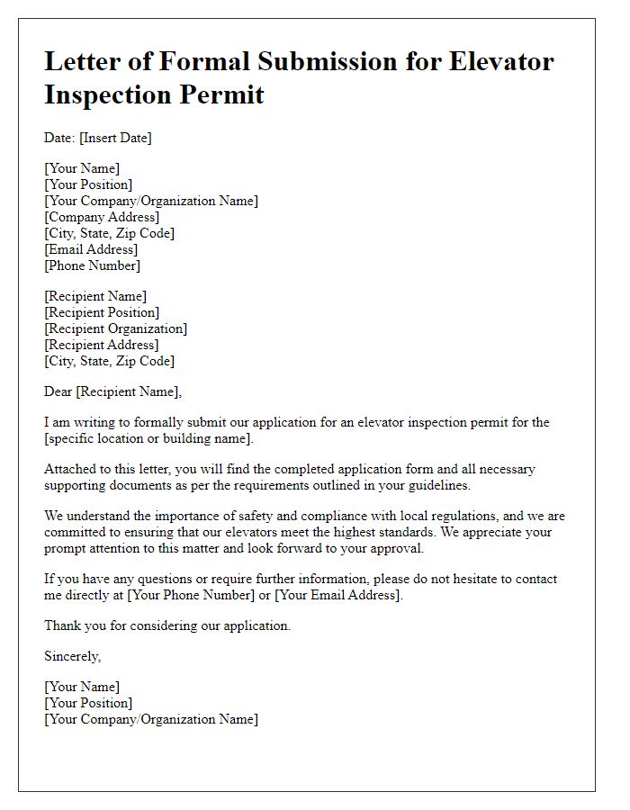 Letter template of formal submission for elevator inspection permit