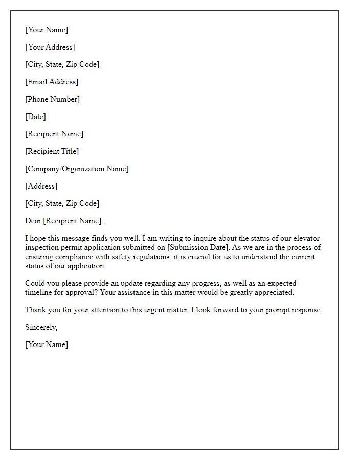 Letter template of inquiry regarding elevator inspection permit status