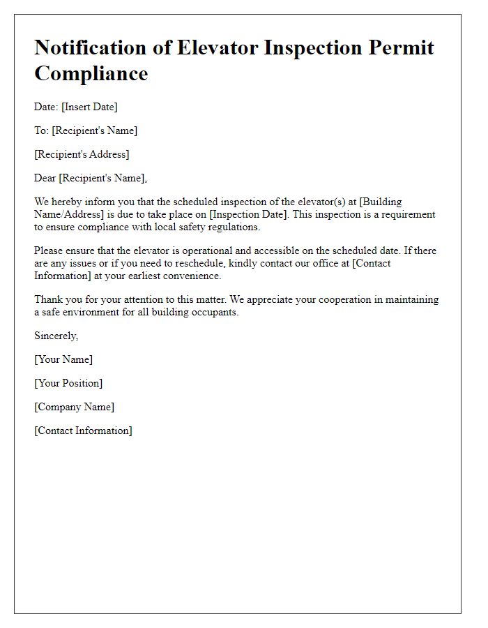 Letter template of notification for elevator inspection permit compliance