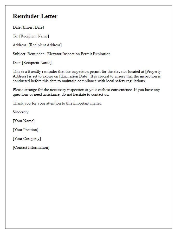 Letter template of reminder for elevator inspection permit expiration