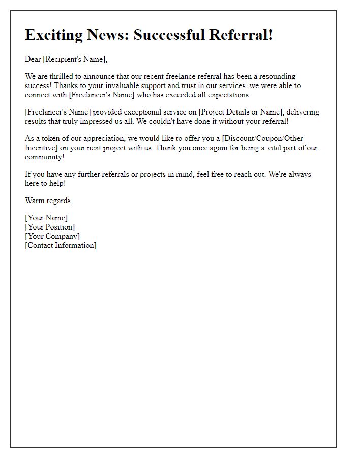 Letter template of freelance referral success announcement