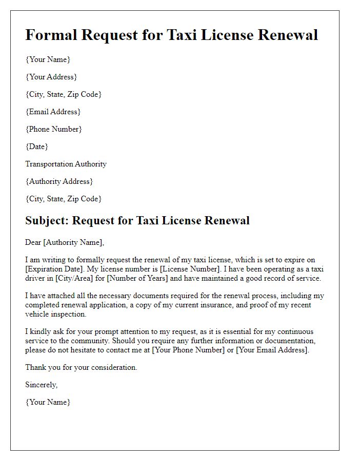 Letter template of formal request for taxi license renewal.