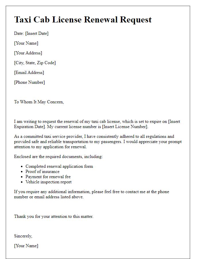 Letter template of taxi cab license renewal.