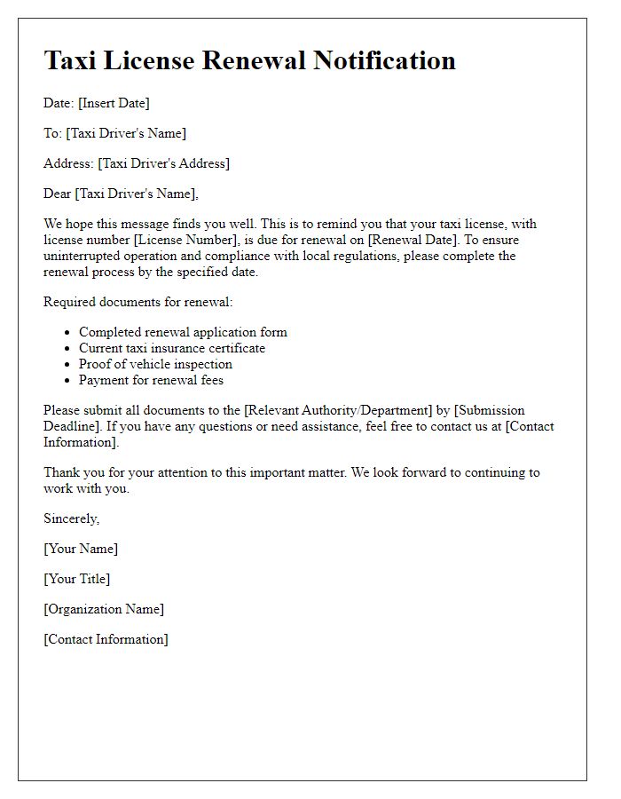 Letter template of taxi license renewal notification.