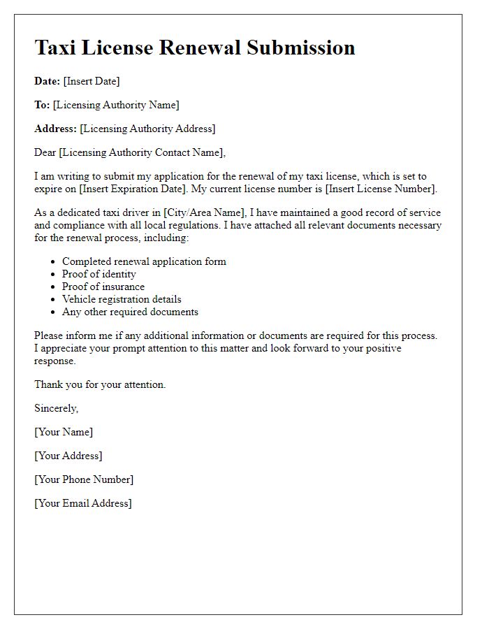 Letter template of taxi license renewal submission.