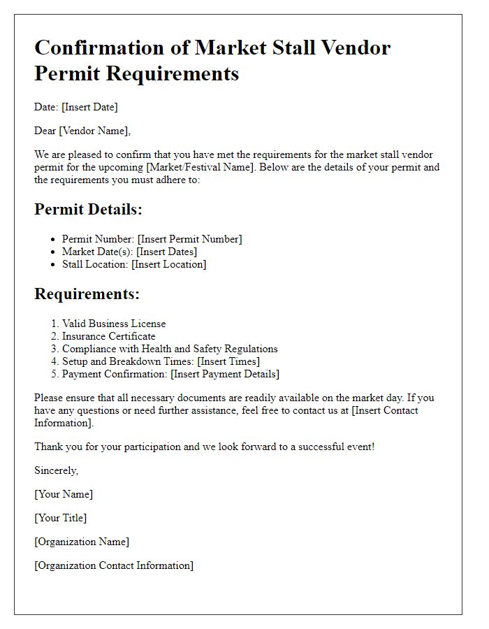 Letter template of confirmation of market stall vendor permit requirements