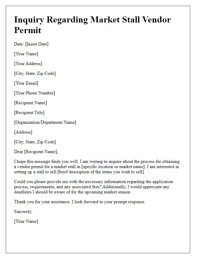 Letter template of inquiry regarding market stall vendor permit