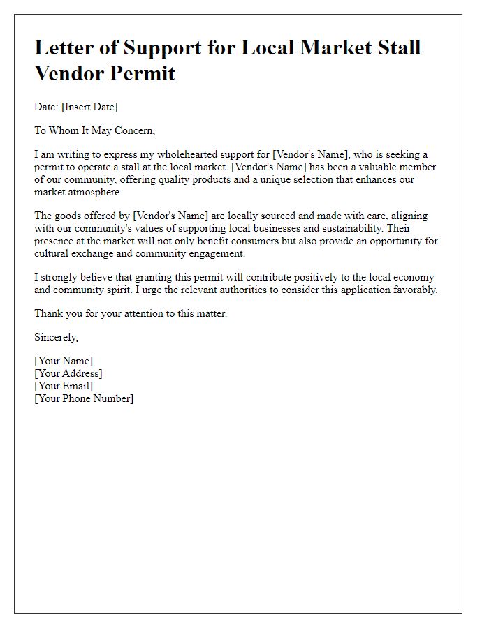 Letter template of support for local market stall vendor permit