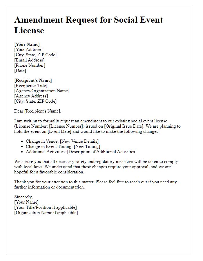 Letter template of amendment for existing social event license