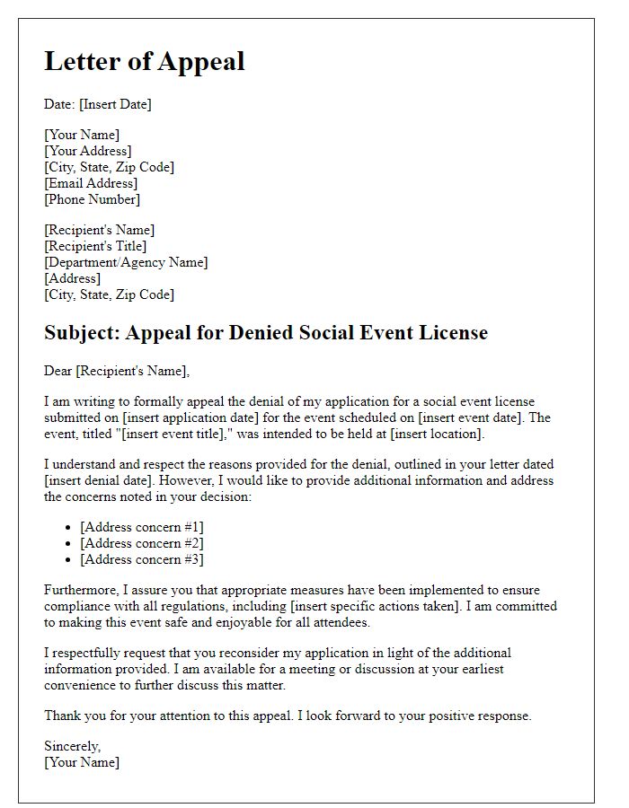 Letter template of appeal for denied social event license