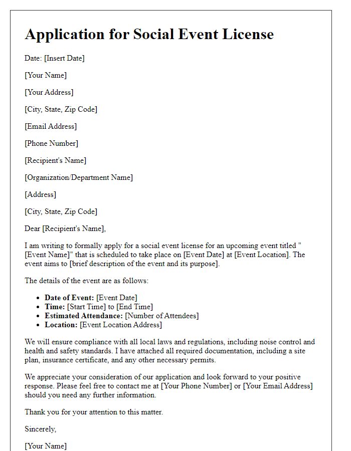 Letter template of application for social event license
