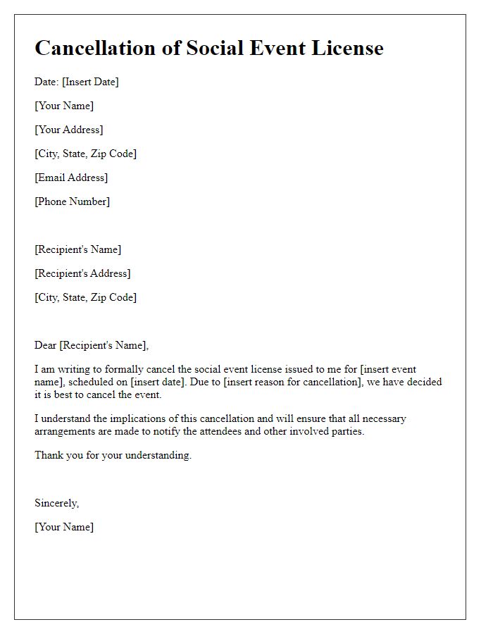 Letter template of cancellation for social event license