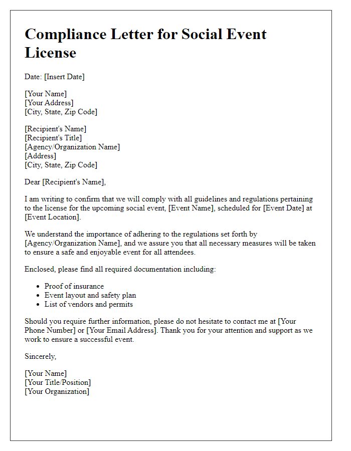 Letter template of compliance for social event license guidelines