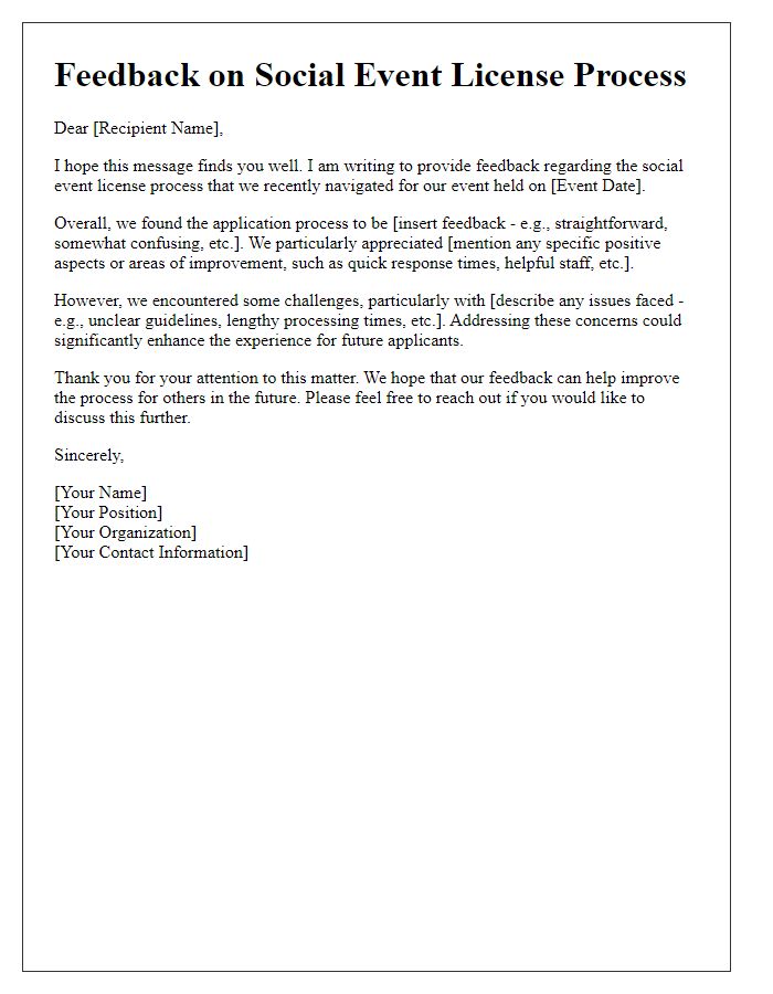 Letter template of feedback on social event license process