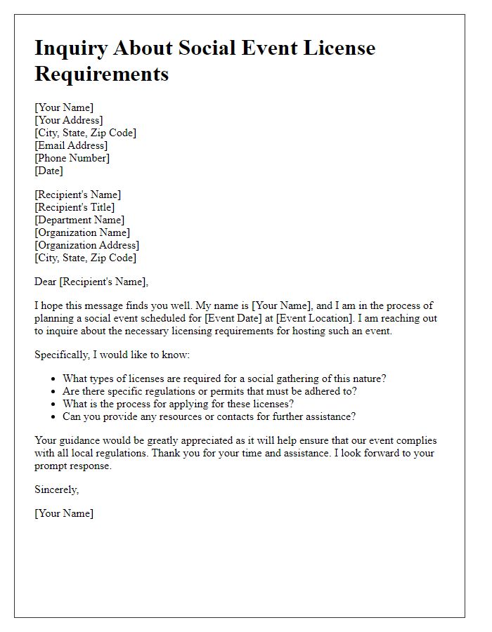 Letter template of inquiry about social event license requirements