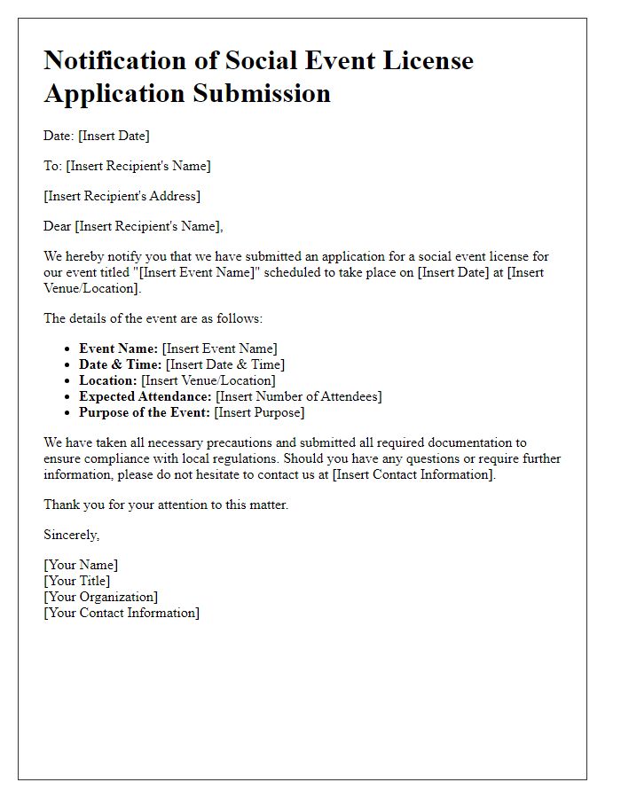 Letter template of notification for social event license application submission