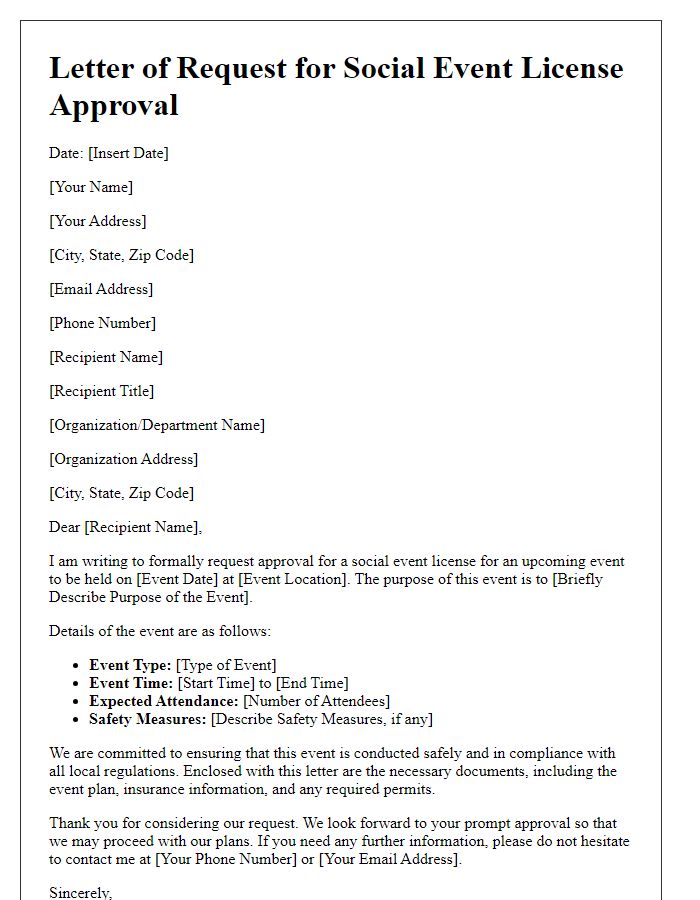 Letter template of request for social event license approval