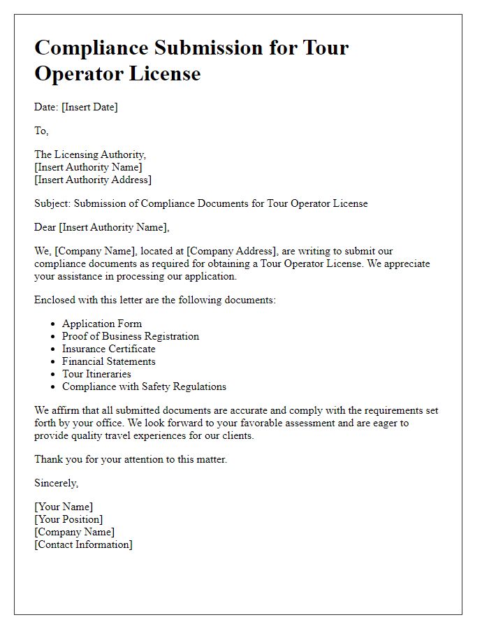 Letter template of compliance submission for tour operator license.