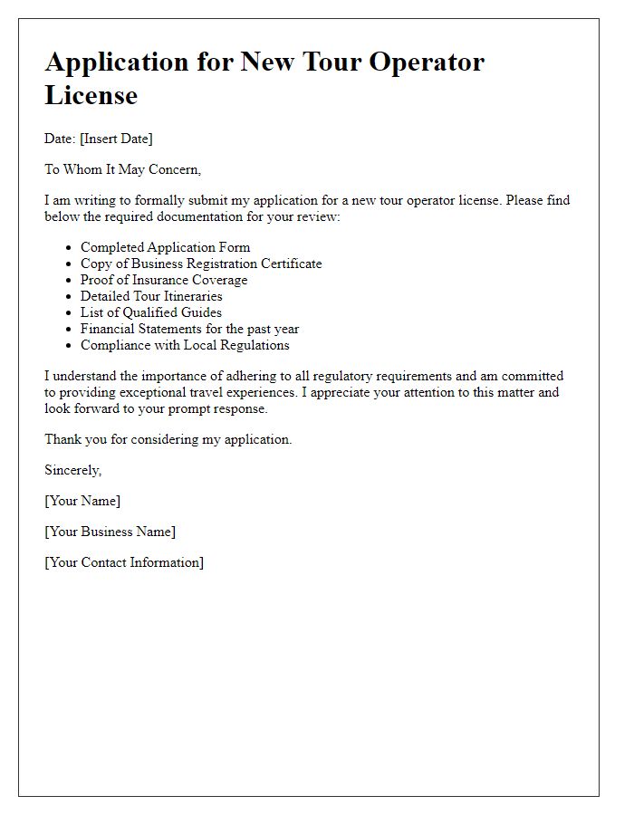 Letter template of documentation for new tour operator license.