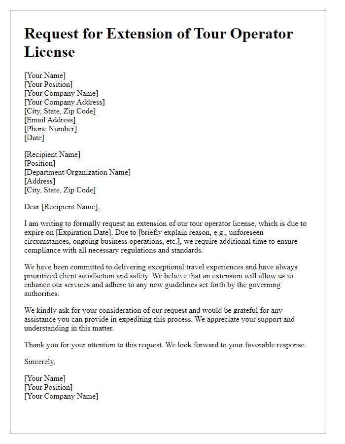 Letter template of formal request for tour operator license extension.