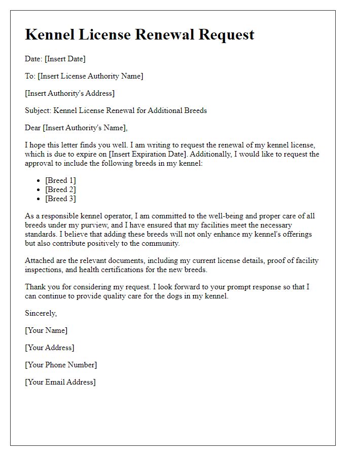 Letter template of kennel license renewal for additional breeds