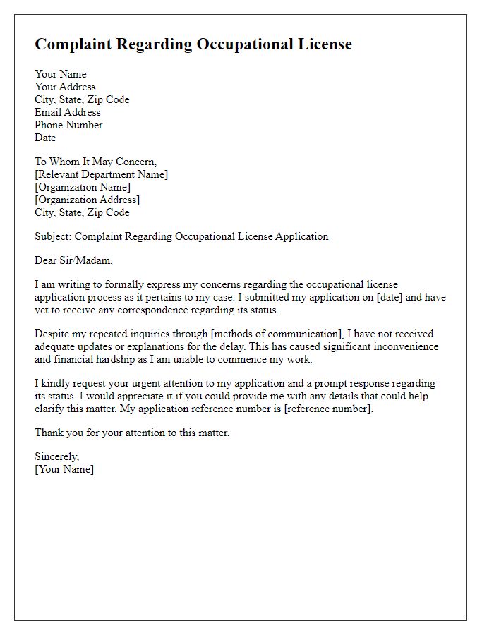 Letter template of complaint regarding occupational license.