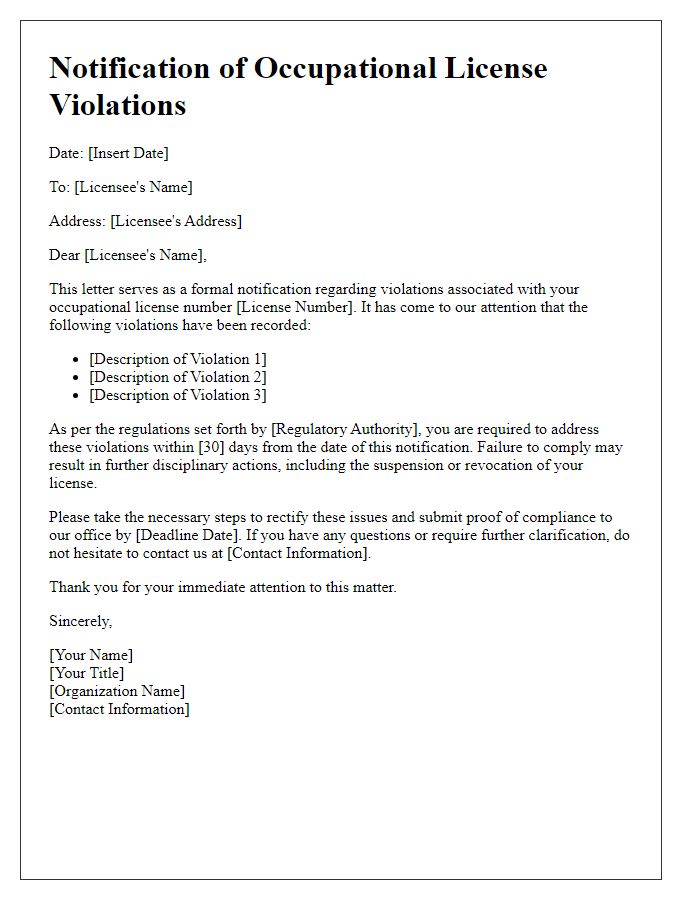 Letter template of notification for occupational license violations.