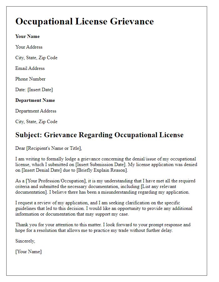 Letter template of occupational license grievance.