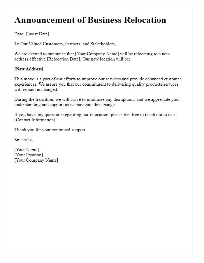 Letter template of announcement of business relocation request