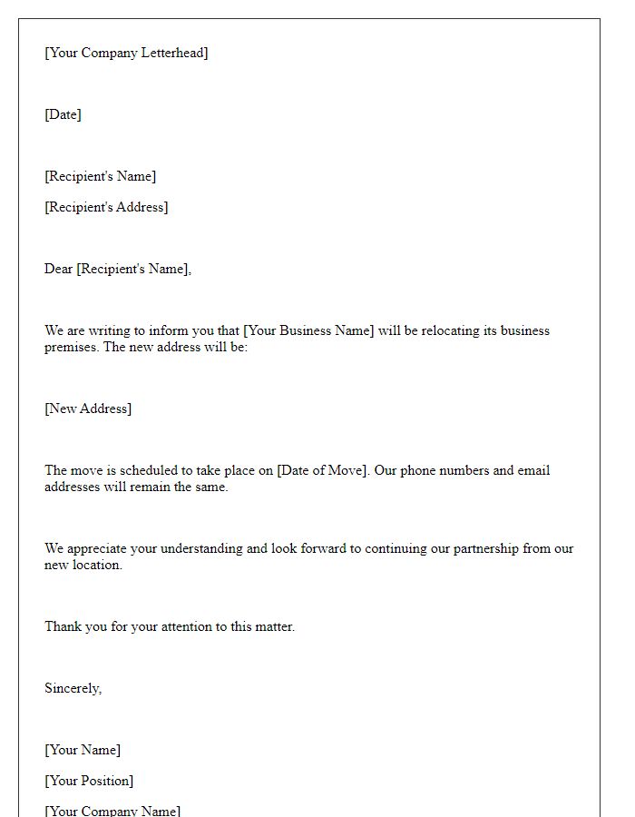 Letter template of notification for business premises change